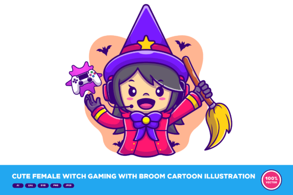 Cute Female Witch Gaming with Broom: A Versatile Vector Icon for Modern Creatives